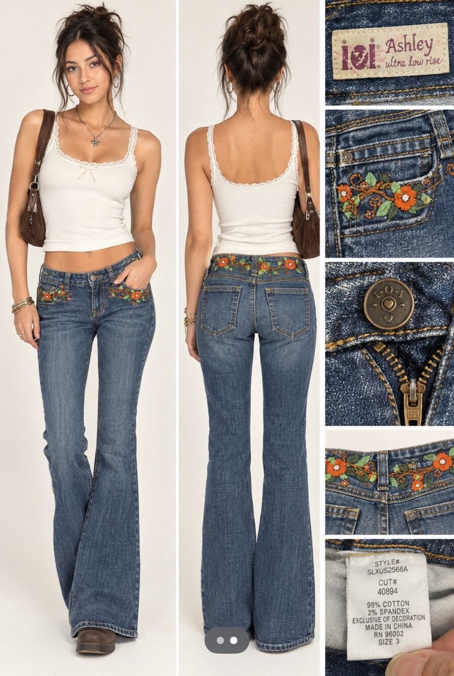 Y2K Indie Sleaze L.e.i Ashley Ultra Low Rise Flare Jeans Sz 3 Floral Embroidered
